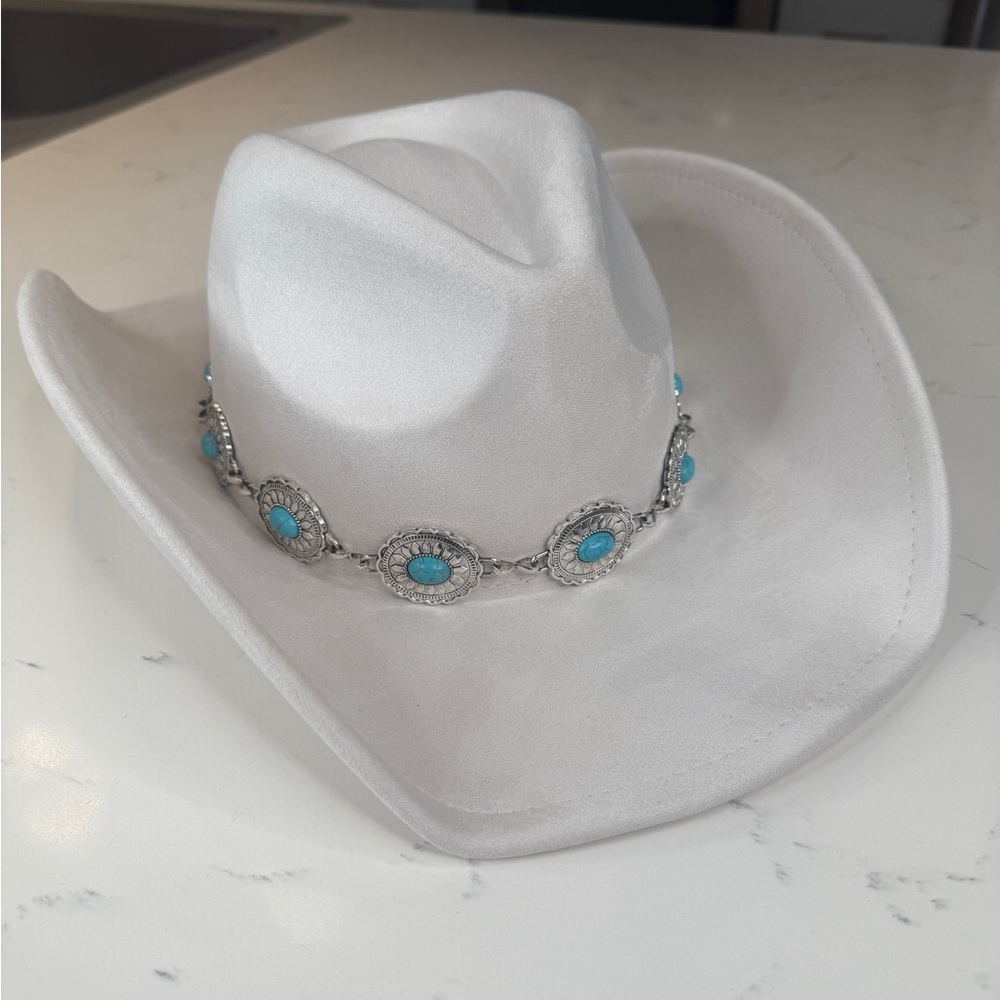 Silver and Turquoise White Western Hat